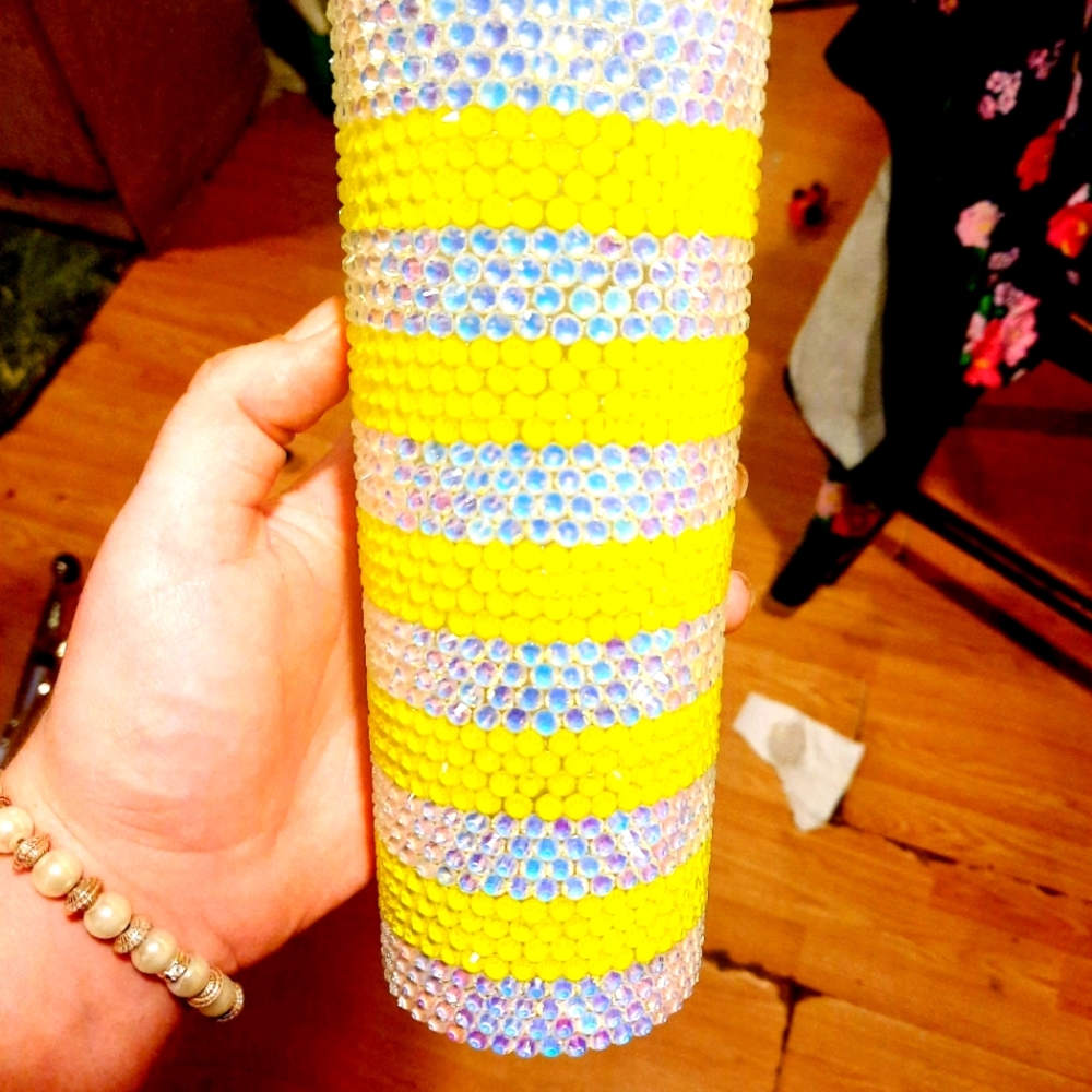 Glow in the dark opal and neon yellow rhinestone tumbler